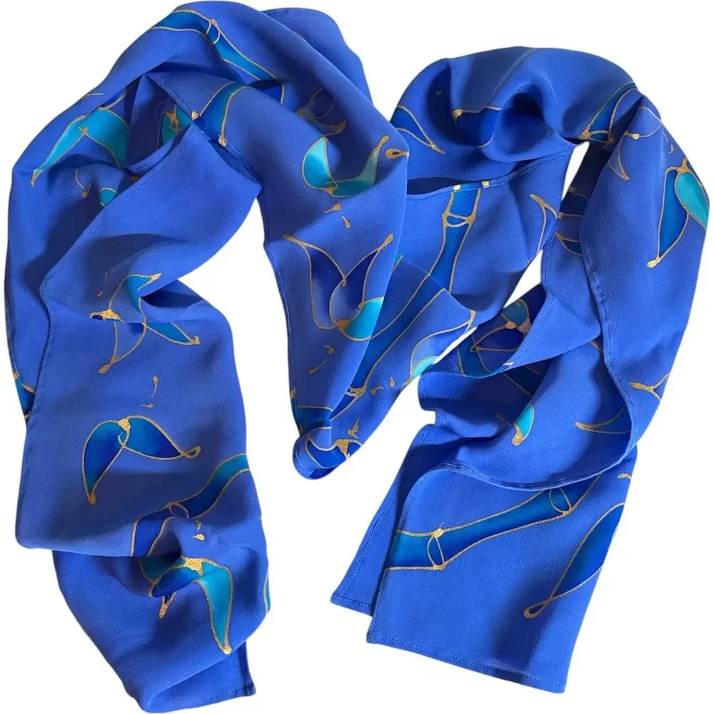 Hand Painted Silk Scarf Blue Gold Butterfly Bamboo Sash Wrap 66 x 10
